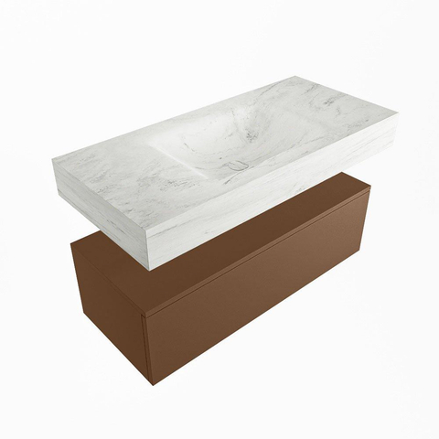 Mondiaz ALAN-DLUX Ensemble de meuble - 100cm - meuble Rust mat - 1 tiroir - Lavabo Cloud Opalo suspendu - vasque Centre - 0 trous de robinet SW806598