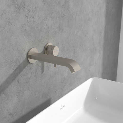 Villeroy & Boch Dawn wastafeluitloop set - zonder pop up - wandmontage afbouwdeel - Brushed Nickel (rvs) SW974312