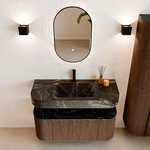 MONDIAZ THOR-DLUX 110cm meuble de salle de bains arrondi gauche + droite couleur Walnut avec 1 tiroir et 2 portes. Vasque suspendue CLOUD Milieu 1 trou de robinet couleur Lava. SW1462769