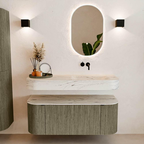 MONDIAZ THOR-DLUX 120cm meuble de salle de bains arrondi gauche + droite couleur Shadow avec 1 tiroir et 2 portes. Vasque suspendue CLOUD Droite sans trou de robinet couleur Nata. SW1463404