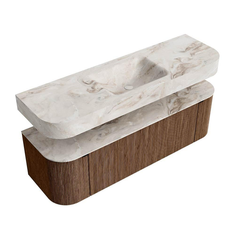 MONDIAZ THOR-DLUX 150cm meuble de salle de bains arrondi gauche + droite couleur Walnut avec 1 tiroir et 2 portes. Vasque suspendue CLOUD Milieu sans trou de robinet couleur Frappe. SW1464624