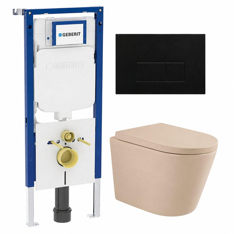 QeramiQ Dely Toiletset - 36.3x51.7cm - diepspoel - rimless - Geberit UP720 inbouwreservoir - softclose toilet zitting - 35mm - kunstof mat zwarte bedieningsplaat - rechthoekige knoppen - mat beige SW1427083
