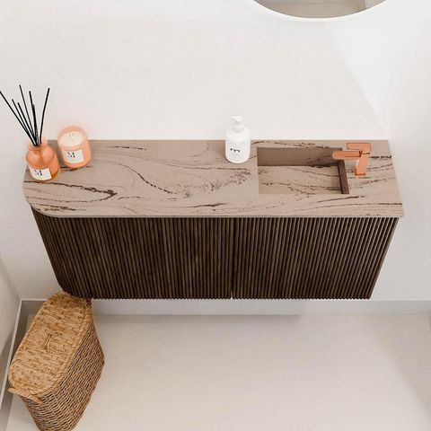 Mondiaz JOYA-DLUX 91.6cm toiletmeubel - ronding links kleur Walnut - Wastafel FAYE positie Rechts 1 kraangat kleur Arena. SW1424367