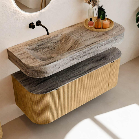 MONDIAZ THOR-DLUX 120cm badmeubel ronding links + rechts kleur Oak met 1 lade en 2 deuren. Vrijhangende wastafel CLOUD Links zonder kraangat kleur Oza. SW1463419