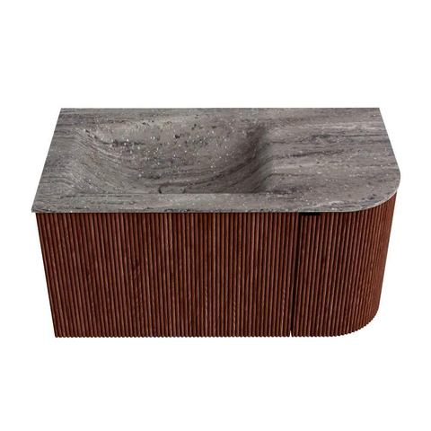 MONDIAZ KURVE-DLUX Meuble de salle de bains 85cm arrondi Droite couleur Ruby avec 1 tiroir et 1 porte. Lavabo CLOUD Gauche sans trou de robinet Oza. SW1432764