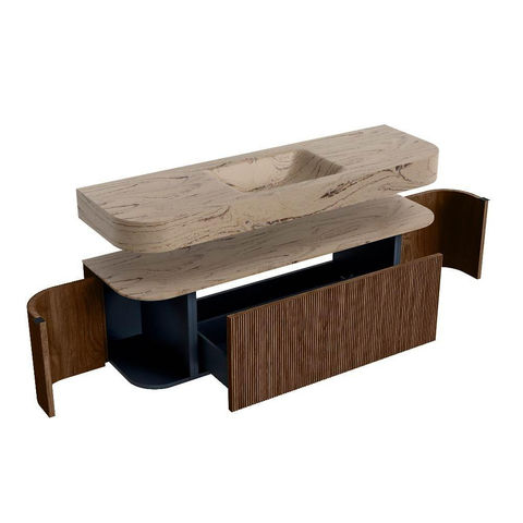 MONDIAZ THOR-DLUX 150cm badmeubel ronding links + rechts kleur Walnut met 1 lade en 2 deuren. Vrijhangende wastafel CLOUD Midden zonder kraangat kleur Arena. SW1464718