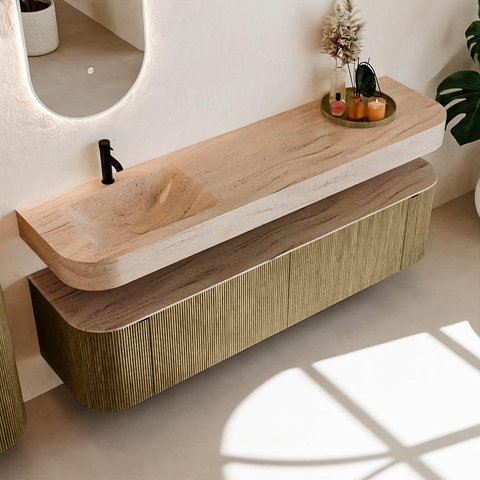MONDIAZ THOR-DLUX Meuble de salle de bains 180cm arrondi gauche + droite couleur Dusk avec 2 tiroirs et 2 portes. Vasque suspendue CLOUD Gauche 1 trou de robinet couleur Saba. SW1466254