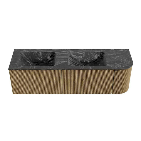 Mondiaz KURVE-DLUX Ensemble de meuble de salle de bains - 155x46x40cm - 2 tiroirs - 1 porte - lavabo solid surface - double / gauche - 2 trous de robinet - Dusk SW1415562