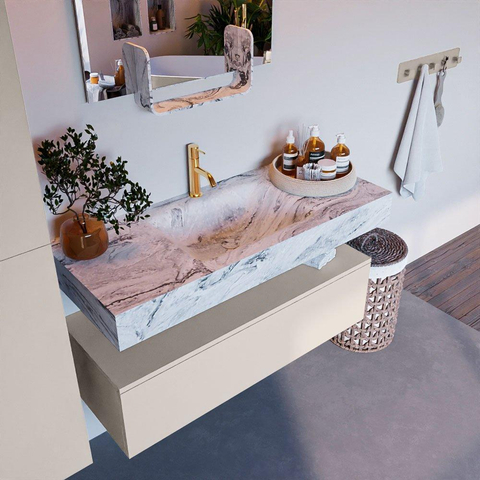 Mondiaz ALAN-DLUX Ensemble de meuble - 110cm - meuble Linen mat - 1 tiroir - Lavabo Cloud Glace suspendu - vasque Centre - 1 trou de robinet SW805999