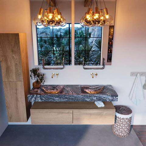 Mondiaz ALAN-DLUX Ensemble de meuble - 150cm - meuble Washed Oak mat - 2 tiroirs - Lavabo Cloud Lava suspendu - vasque Gauche et droite - 0 trous de robinet SW808837