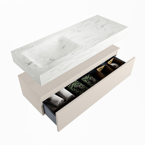 Mondiaz ALAN-DLUX Ensemble de meuble - 120cm - meuble Linen mat - 1 tiroir - Lavabo Cloud Opalo suspendu - vasque Gauche - 1 trou de robinet SW806635