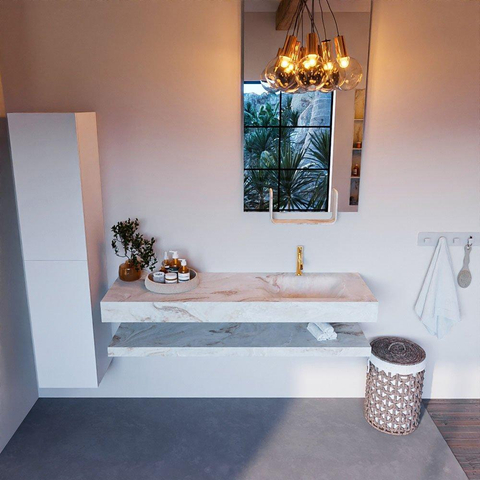 Mondiaz ALAN-DLUX Ensemble de meuble - 150cm - meuble Frappe mat - 0 tiroirs - Lavabo Cloud Frappe suspendu - vasque Droite - 1 trou de robinet SW809264