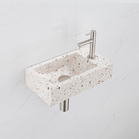 FugaFlow Eccelente Pietra Ensemble lave-mains - 40x22x10cm - trou de robinet à droite - robinet de lave-mains acier inox brossé PVD - bonde - siphon abaissé - beige mat SW1468983