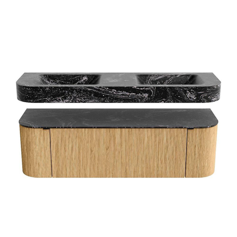 MONDIAZ THOR-DLUX 150cm badmeubel ronding links + rechts kleur Oak met 1 lade en 2 deuren. Vrijhangende wastafel CLOUD Dubbel zonder kraangat kleur Lava. SW1464621