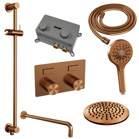 Brauer Copper Carving Douche pluie encastrable - thermostatique - boutons poussoirs - SET 69- pommeau 20cm - bras mural courbé - douchette 3 jets - flexible - barre curseur intégrée - Cuivre brossé PVD SW925581