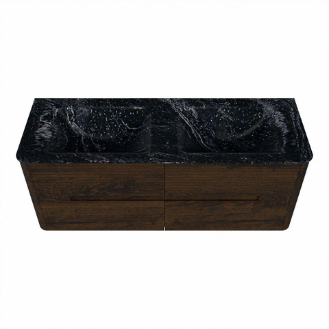 Mondiaz CIRO-DLUX Meuble de salle de bains - 130x45x50cm - lavabo solid surface Lava - 2 vasques double - sans trous de robinet - 4 tiroirs - Noyer SW1530157
