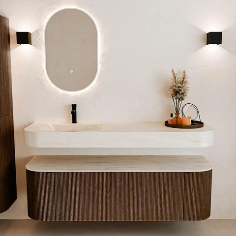 MONDIAZ THOR-DLUX 150cm meuble de salle de bains arrondi gauche + droite couleur Walnut avec 1 tiroir et 2 portes. Vasque suspendue CLOUD Gauche 1 trou de robinet couleur Meli. SW1464763