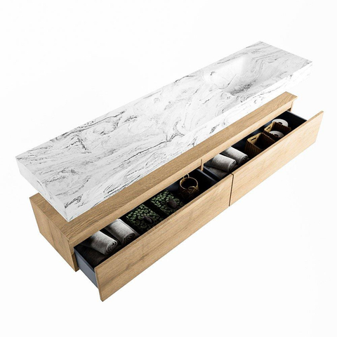 Mondiaz ALAN-DLUX Ensemble de meuble - 200cm - meuble Washed Oak mat - 2 tiroirs - Lavabo Cloud Glace suspendu - vasque Droite - 1 trou de robinet SW808758