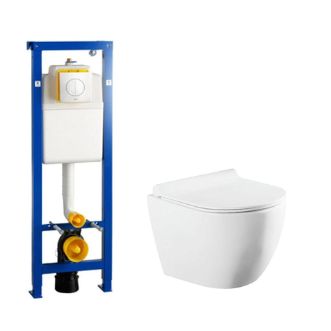 QeramiQ Salina Pack WC Compact avec élément Wisa xs, siège de toilettes à fermeture softclose et plaque de déclenchement Argos blanc SW444763