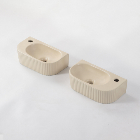 QeramiQ Blend Fontein - 40x22x12cm - Links - Geribbeld - halfrond - 1 kraangat - Keramiek - Beige mat OUTLETSTORE STORE40916