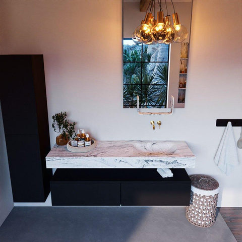 Mondiaz ALAN-DLUX Ensemble de meuble - 150cm - meuble Urban mat - 2 tiroirs - Lavabo Cloud Glace suspendu - vasque Droite - 0 trous de robinet SW805725