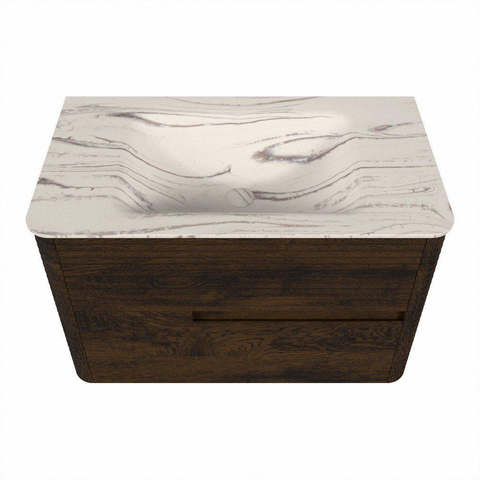 Mondiaz CIRO-DLUX Badkamermeubelset - 80x45x50cm - Solid surface wastafel Nata - 1 wasbak Midden - zonder kraangaten - 2 lades - Walnut SW1530716