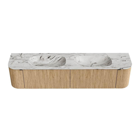 MONDIAZ KURVE-DLUX Meuble de salle de bains 200cm avec module 25 Len R couleur Oak avec 2 tiroirs et 2 portes. Lavabo STOR SMALL double sans trou de robinet couleur Glace. SW1137979