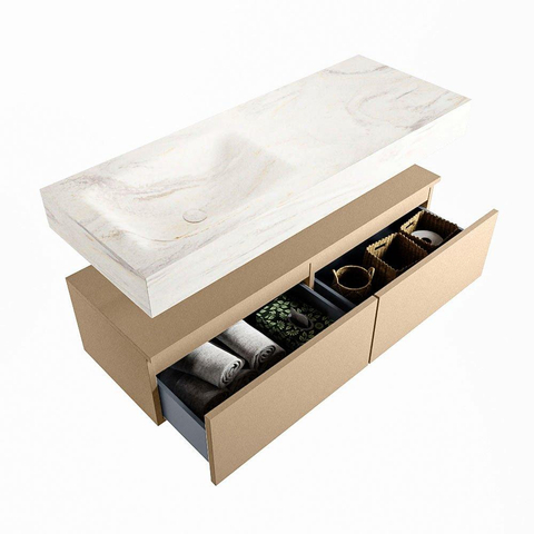 Mondiaz ALAN-DLUX Ensemble de meuble - 120cm - meuble Oro mat - 2 tiroirs - Lavabo Cloud Ostra suspendu - vasque Gauche - 0 trous de robinet SW807693