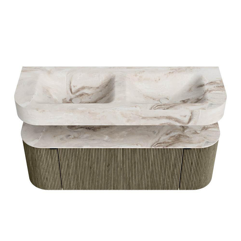 MONDIAZ THOR-DLUX 130cm meuble de salle de bains arrondi gauche + droite couleur Shadow avec 1 tiroir et 2 portes. Vasque suspendue CLOUD Double sans trou de robinet couleur Frappe. SW1463708