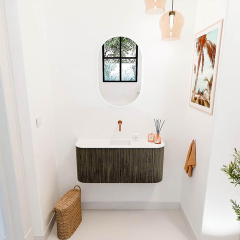 Mondiaz JOYA 93.2cm meuble de toilette - arrondi gauche et droite couleur Shadow - Vasque FAYE position Milieu Sans trou de robinet couleur Talc SW1421464