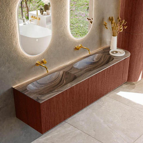 MONDIAZ KURVE-DLUX 175cm meuble de salle de bains arrondi Droit couleur Ruby avec 2 tiroirs et 1 porte. Vasque STOR SMALL Double / Gauche sans trou de robinet Sombra. SW1434003