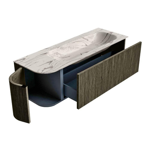 MONDIAZ KURVE-DLUX Meuble de salle de bains 135cm arrondi à gauche couleur Shadow avec 1 tiroir et 1 porte. Lavabo BIG MEDIUM à droite sans trou de robinet Nata. SW1432323