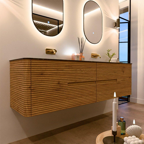 Mondiaz CIRO-DLUX Badkamermeubelset - 180x45x50cm - Solid surface wastafel Lava - 2 wasbak Dubbel - zonder kraangaten - 4 lades - Oak SW1530987