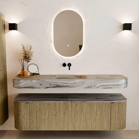 MONDIAZ THOR-DLUX 160cm meuble de salle de bains arrondi gauche + droite couleur Dusk avec 1 tiroir et 2 portes. Vasque suspendue CLOUD Milieu sans trou de robinet couleur Sombra. SW1465385