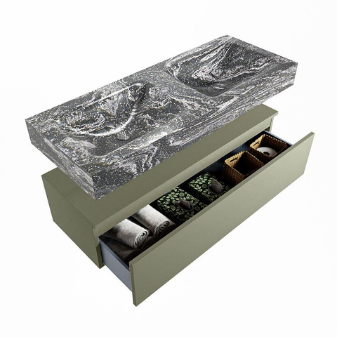 Mondiaz ALAN-DLUX Ensemble de meuble - 120cm - meuble Army mat - 1 tiroir - Lavabo Cloud Lava suspendu - vasque Gauche et droite - 2 trous de robinet SW808386