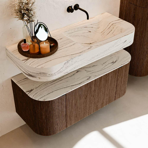 MONDIAZ THOR-DLUX 110cm badmeubel ronding links + rechts kleur Walnut met 1 lade en 2 deuren. Vrijhangende wastafel CLOUD Rechts zonder kraangat kleur Nata. SW1462947