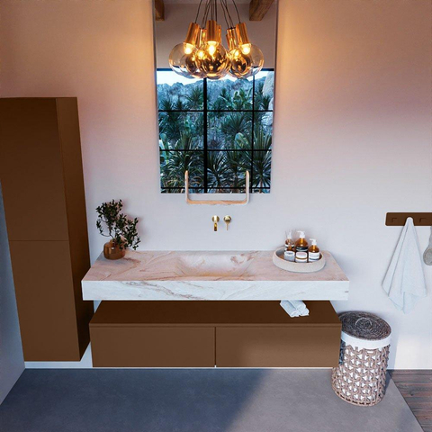 Mondiaz ALAN-DLUX Ensemble de meuble - 150cm - meuble Rust mat - 2 tiroirs - Lavabo Cloud Frappe suspendu - vasque Centre - 0 trous de robinet SW804937