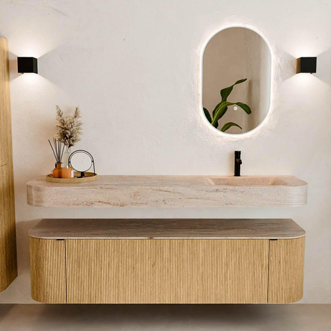 MONDIAZ THOR-DLUX 170cm badmeubel ronding links + rechts kleur Oak met 1 lade en 2 deuren. Vrijhangende wastafel CLOUD Rechts 1 kraangat kleur Saba. SW1465715