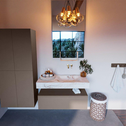 Mondiaz ALAN-DLUX Ensemble de meuble - 100cm - meuble Smoke mat - 1 tiroir - Lavabo Cloud Frappe suspendu - vasque Droite - 0 trous de robinet SW805093