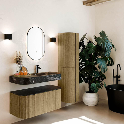 MONDIAZ THOR-DLUX 100cm meuble de salle de bains arrondi gauche + droite couleur Dusk avec 1 tiroir et 2 portes. Vasque suspendue CLOUD Droite 1 trou de robinet couleur Lava. SW1467346