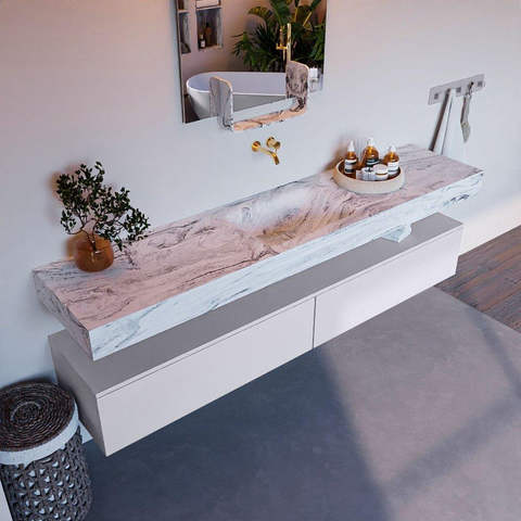 Mondiaz ALAN-DLUX Ensemble de meuble - 200cm - meuble Cale mat - 2 tiroirs - Lavabo Cloud Glace suspendu - vasque Centre - 0 trous de robinet SW805929
