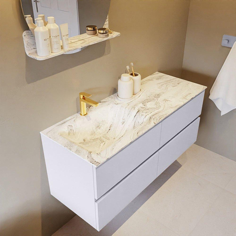 MONDIAZ VICA-DLUX Ensemble meuble de salle de bains - 120cm - meuble bas Cale - 4 tiroirs - vasque encastrée Cloud gauche - 1 trou de robinet - version haute 60cm - Glace SW1088342