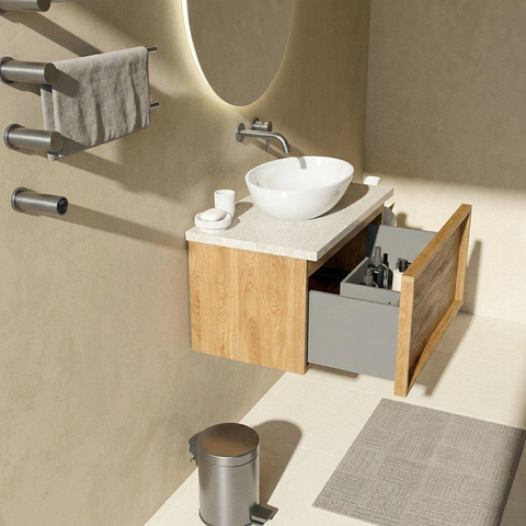 Saniclass Holz Frame Badkamermeubelset - 80x45x43cm - Travertine natuurstenen topblad - zonder kraangat - 1 lade - mat eiken natural (hout) SW1478839