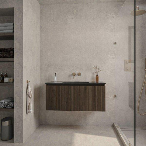 Saniclass Holz Base Badkamermeubelset - 100cm - 1 keramische wasbak zwart - zonder kraangat - 1 lade - spiegel - donker eiken SW857531