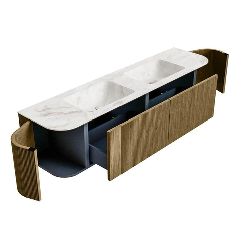 MONDIAZ KURVE-DLUX ensemble meuble de salle de bains - 180cm - arrondis gauche et droite - 2 tiroirs - 2 portes - double vasque Frappe - 2 lavabos - sans trous de robinet - Dusk SW1413335