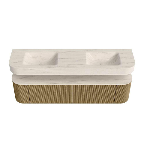 MONDIAZ THOR-DLUX 180cm meuble de salle de bains arrondi gauche + droite couleur Dusk avec 2 tiroirs et 2 portes. Vasque suspendue CLOUD Double 2 trous de robinet couleur Meli. SW1466160