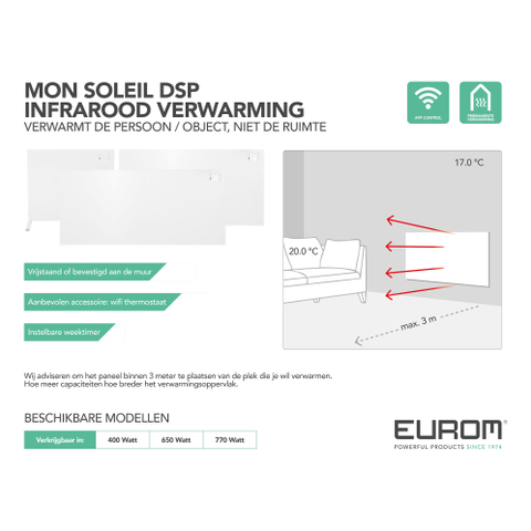 Eurom Mon Soleil DSP 770 Wifi Chauffage infrarouge 133x60x5cm 770watt suspendu/posé Métal Blanc SW482112