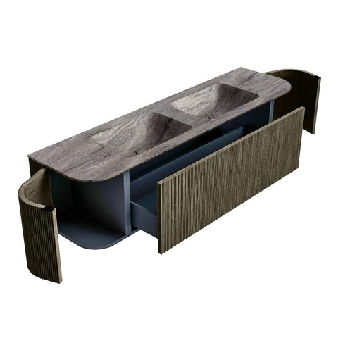 MONDIAZ KURVE-DLUX 170cm badmeubel ronding Links + Rechts kleur Shadow met 1 lade en 2 deuren. Wastafel LEAF Dubbel zonder kraangat Oza. SW1432914