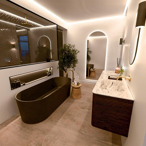 Mondiaz CIRO-DLUX Ensemble de meubles de salle de bains - 160x45x50cm - plan vasque en solid surface Glace - 1 lavabo à droite - sans trous de robinet - 4 tiroirs - Noyer SW1530284