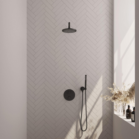 BRAUER Black Carving douche thermostatique encastrée - 3 voies - rond - ensemble 75 - douche principale de 20 cm - bras de mur courbé - douchette à main - flexible de douche - coude mural - noir mat SW1159231